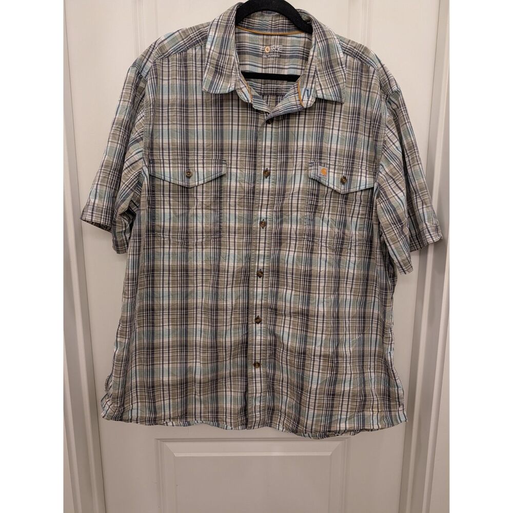 Carhartt Force Mens 2XL Relaxed Fit Plaid Short Sleeve Shirt Gray Blue Casual